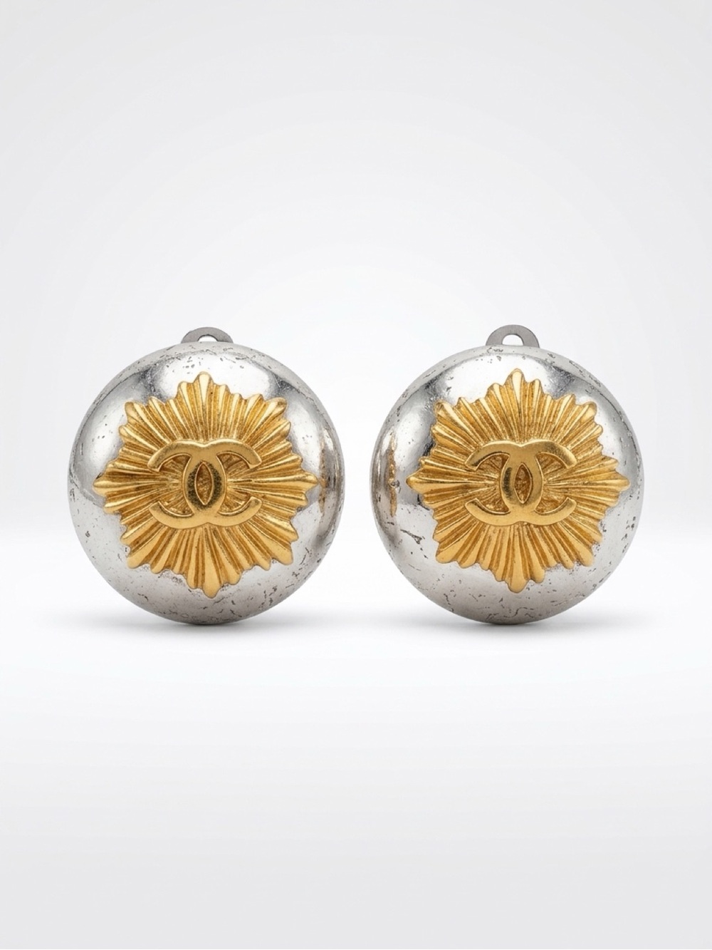 Chanel VTG Sunburst CC Medallion Earrings, Clip-to-post converted, slvr/gold,GUC